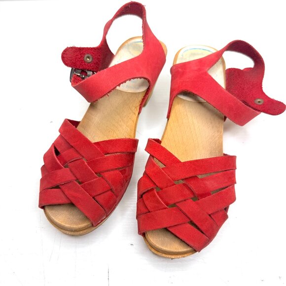 KERSTIN ADOLPHSON Swedish Carina Leather Mary Jane Wood Platform Clog 8 38 Red - Picture 1 of 8